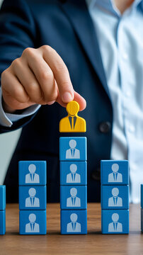 Business Leader Placing Employee Icon On Top Of Team Structure Human Resource Management And Leadership Concept