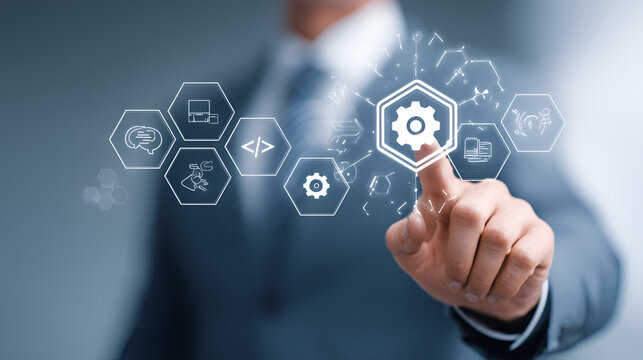 Business professional controlling AI agents workflow, connecting data, code, and communication tools to automate processes, enhance productivity, drive scalable digital business transformation.