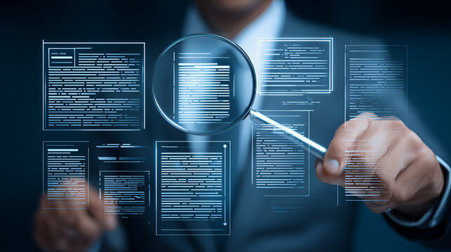 Business professional reviewing and approving digital documents with magnifying glass interface, representing document verification, approval workflow, DMS system, compliance audit, process control.