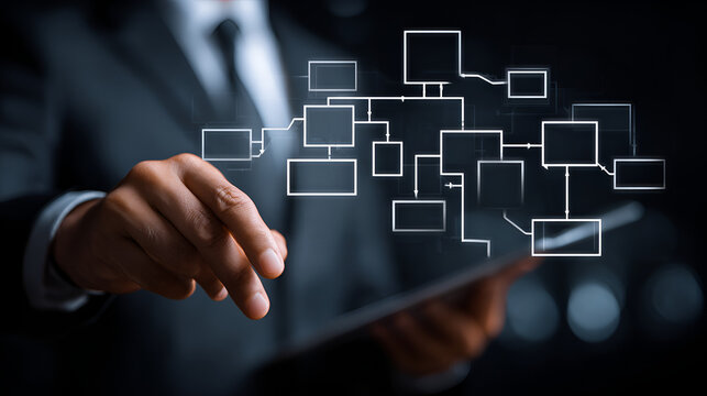 Businessman analyzing using tab data on business integration. System unification, digital transformation, process automation, enterprise workflow, and technology alignment strategies.