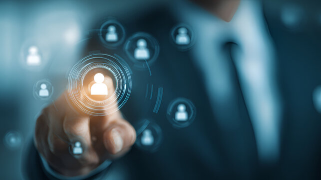Businessman using AI and data analysis to identify target audience. Concept of customer segmentation, partner profiling, predictive analytics, CRM system, and strategic business intelligence.