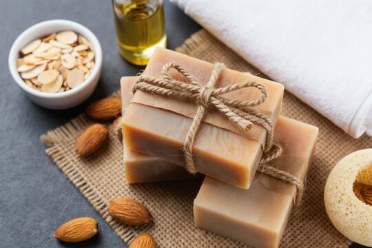 Handmade almond soap bars sit on burlap. Almond oil and slivers surround product. Clean bath accessory for skin hygiene and natural beauty care. Gentle moisturiser.