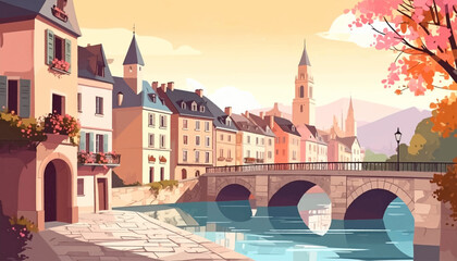 Naklejka premium Blossom lined canal bridge in romantic European village. Pastel riverside town vector for spring travel promotion. Charming heritage street scene for destination marketing