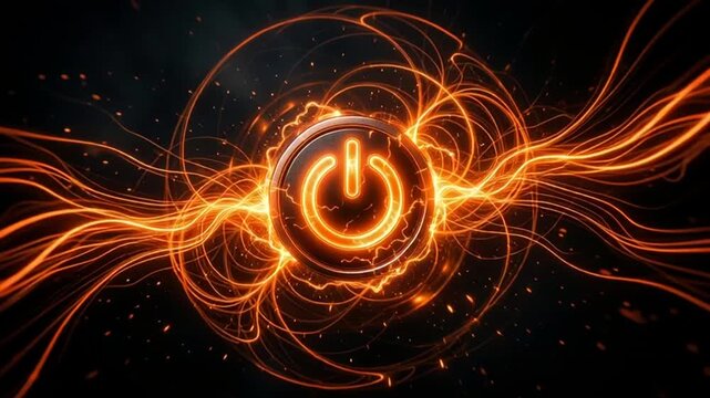 Cinematic glowing power button with energy trails and sparks animation