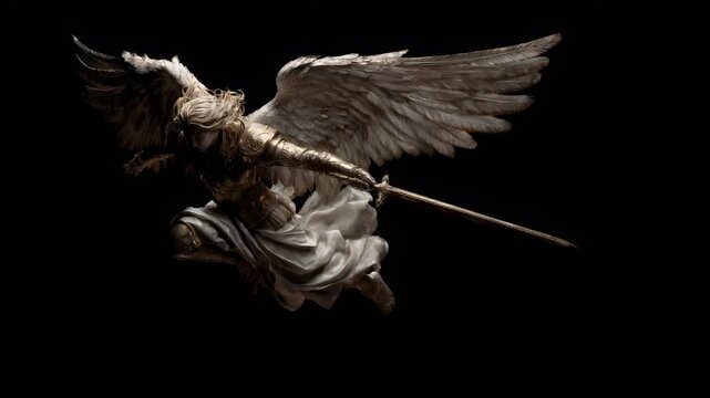 Fantasy wallpaper. A detailed sculpture of an angel in a dynamic pose, wielding a long, slender sword. The angels wings are intricately designed with a mix of white and gold hues.
