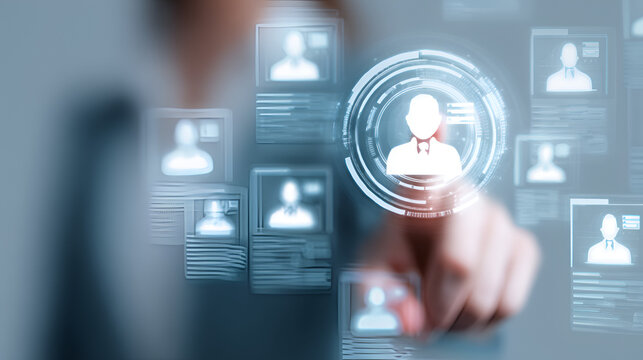 Digital recruitment and employee evaluation concept illustrating profile analysis, skills assessment, and data driven HR decision making. Suitable for hiring processes, talent management systems