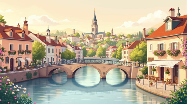 Riverside cafe village with bridge for holiday promotion. Peaceful European canal scene for boutique travel ads. Hillside abbey town view with floral waterfront