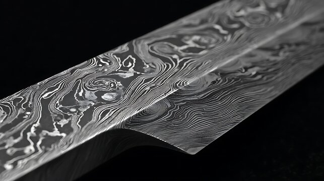 Close up of Damascus steel blade with intricate wavy pattern.