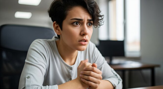 Young woman with anxious expression sitting at office desk feeling stressed and overwhelmed