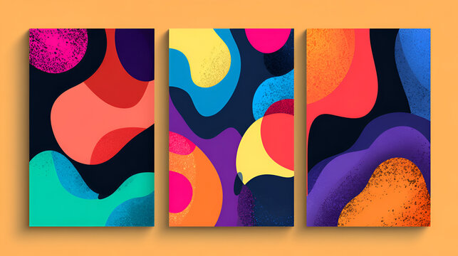 Modern poster designs featuring bold, organic shapes in vibrant colors. Each composition highlights a unique visual layout system, perfect for contemporary graphic projects. Stock Vector