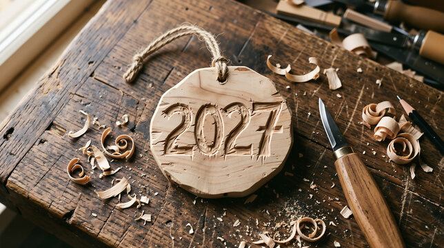 Wooden 2027 ornament on workbench, handcrafted carving in rustic workshop setting with tools and shavings