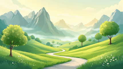 Naklejka premium Soft mountain valley for meditation poster design. White winding road for calm wellness branding. Gentle green landscape for peaceful travel ads