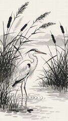 Fototapeta premium Crane in the wetland: A serene illustration of a crane in its natural habitat, standing gracefully in shallow water, surrounded by reeds and cattails, with the backdrop of a distant landscape.