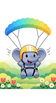 A smiling, cartoon elephant with a helmet and harness is parachuting. A rainbow-colored parachute floats above, set against a green, flowered landscape