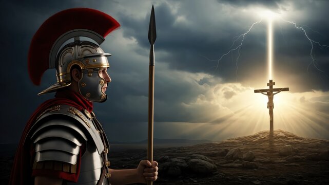 Roman Soldier Standing Guard at Crucifixion Scene Under Stormy Sky