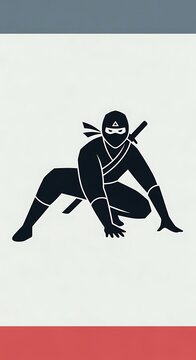 A shadowed ninja crouches low on a light background, with two swords strapped to their back. Top and bottom banners offer contrast