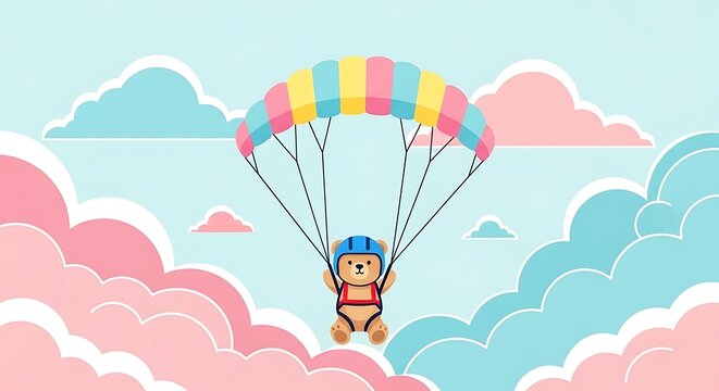 A cute cartoon bear wearing a helmet and harness is parachuting against a pastel sky with fluffy pink and blue clouds