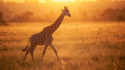 Obraz premium Young giraffe walking in golden grassland at sunset, warm serene wildlife moment