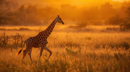 Obraz premium Young giraffe walking through golden grassland at sunset with warm light
