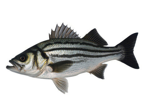 A single striped bass fish swimming isolated on a plain white background, for marine life imagery