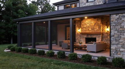 Fototapeta premium Screened porch with stone fireplace and seating area. Warm lights illuminate comfy patio furniture in evening. Modern house exterior offers relaxing outdoor living space.