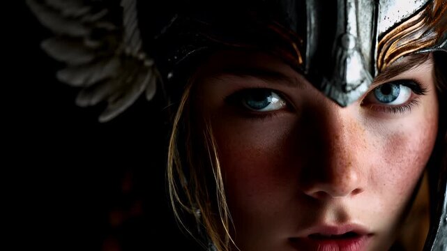 Fantasy wallpaper. A closeup portrait of a female warrior, captured in a dramatic and intense style. She wears a metallic helmet with intricate detailing, and her eyes are closed.