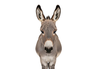 Fototapeta premium A miniature domesticated donkey with soft, mouse-gray fur stands still, gazing gently into the camera in a high-key studio against a seamless gray backdrop. Concept for detailed animal study