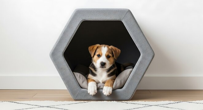 An adorable tri-color puppy with bright eyes and floppy ears peeks out from a cozy hexagonal gray pet bed, sitting comfortably on a light-colored rug against a plain white wall, creating a heartwarmin