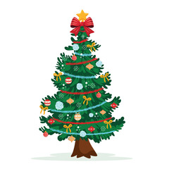 Fototapeta premium Decorated Christmas tree illustration with red bow and ornaments as a PNG cutout