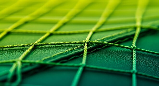 Green netting material with yellow and green threads on leather surface