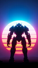 Fototapeta premium Giant robot silhouette against retro sunset with sci fi digital art AI art