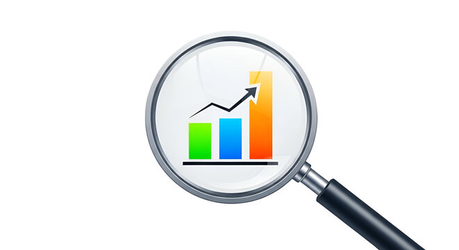 Magnifying glass over a colorful bar graph showing upward trend and growth