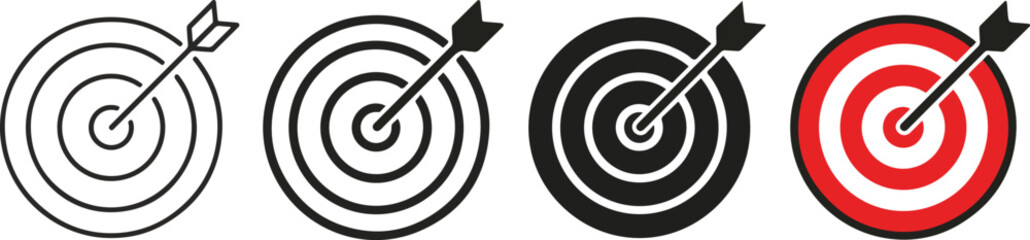 Target aim bullseye icon set with arrow hitting center in outline solid and colored styles © EPS VECOR 