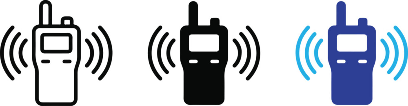 Walkie talkie radio communication icon set in outline solid and colored styles with signal waves