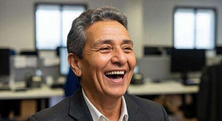 Obraz premium Happy Middle Aged Hispanic Businessman Laughing in Modern Office Workplace