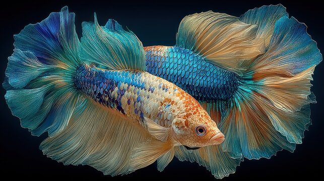 Two Siamese fighting fish showcase vibrant colors and flowing fins against a dark backdrop