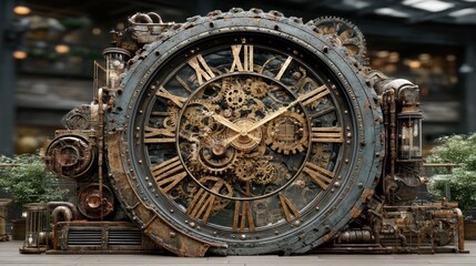 Fototapeta premium Large, ornate clock with visible gears, Roman numerals, and aged metallic appearance