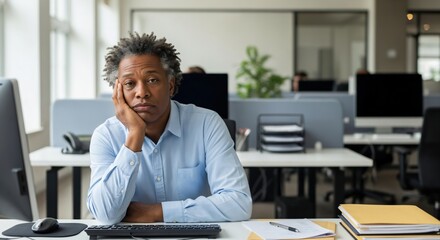 Obraz premium Bored Middle Aged African American Man Sitting at Office Desk Feeling Tired and Unmotivated
