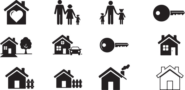 Black silhouette house family and key icons on white background