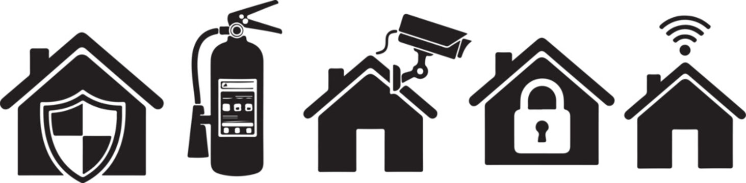 Home security icons including house shield fire extinguisher CCTV camera lock WiFi signal