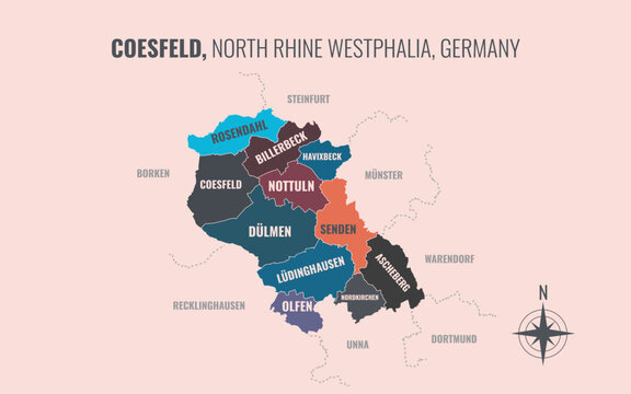 A map showing Coesfeld NW Kreise into Gemeinden in a minimalist colorful style