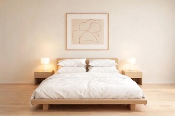 Minimalist bedroom with warm wooden tones and soft lighting.