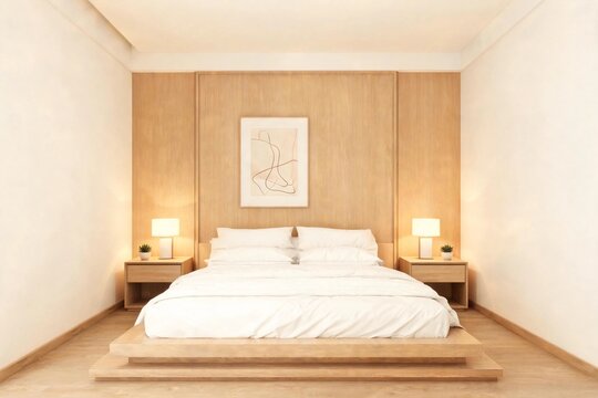 Minimalist bedroom with warm wooden tones and soft lighting.