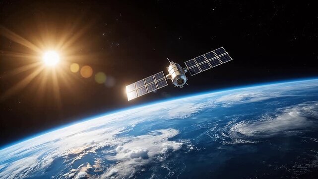 Satellite orbiting Earth with sun