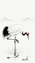 Obraz premium Crane Serenity: a solitary crane, captured in a moment of poised stillness, embodies peace and tranquility, gracefully standing in a calm body of water against a backdrop of distant mountains.
