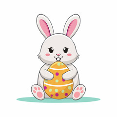 Obraz premium Cute cartoon bunny holding a decorated Easter egg