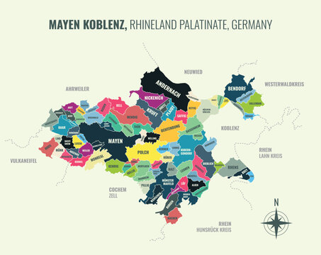 A map showing Mayen Koblenz RP Kreise into Gemeinden in a minimalist colorful style