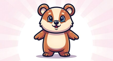 Naklejka premium Adorable cartoon badger stands, arms outstretched, on a white surface, with a pink radial burst background