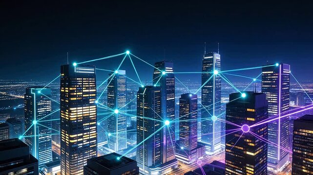 Futuristic city skyline with network connections