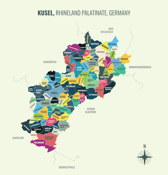 A map showing Kusel RP Kreise into Gemeinden in a minimalist colorful style